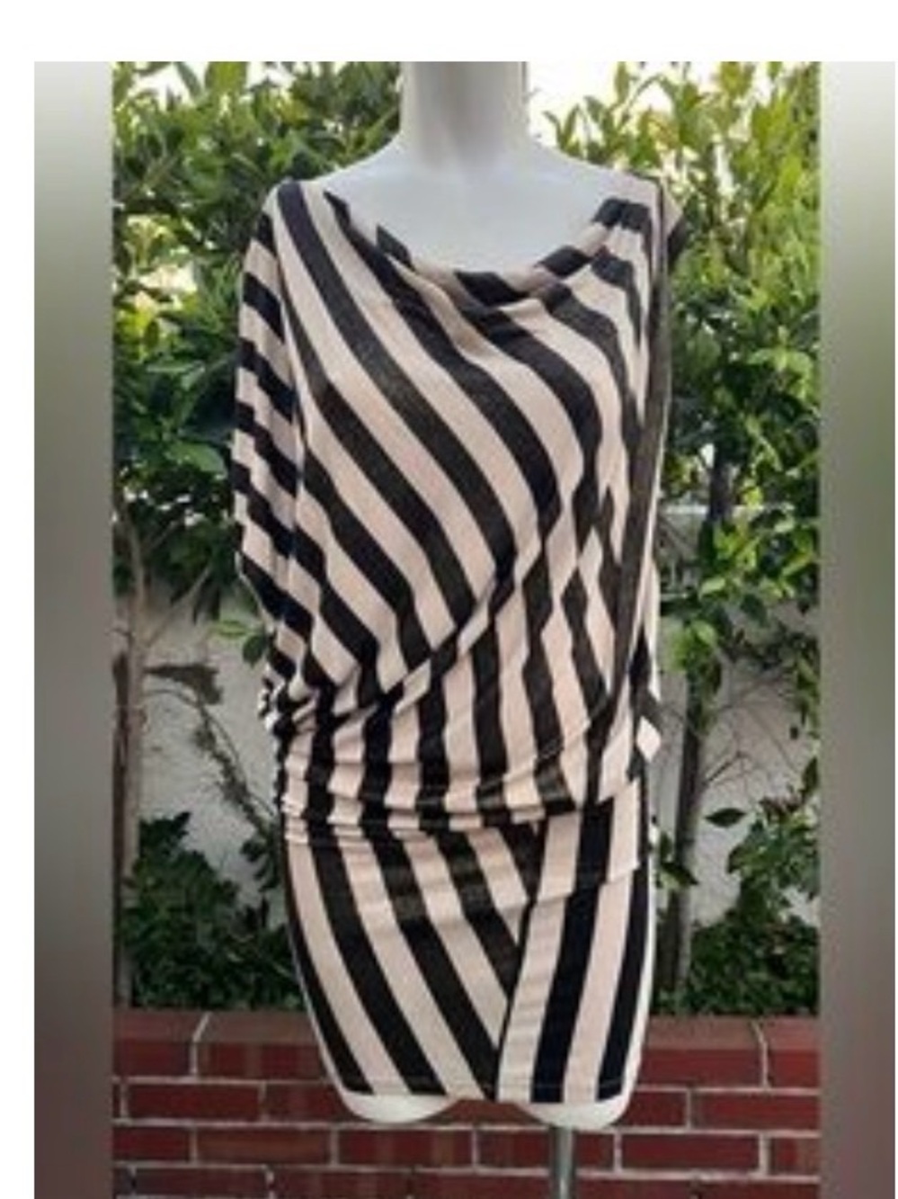 Asymmetrical Black & Cream Striped Iridescent One-Shoulder Dress